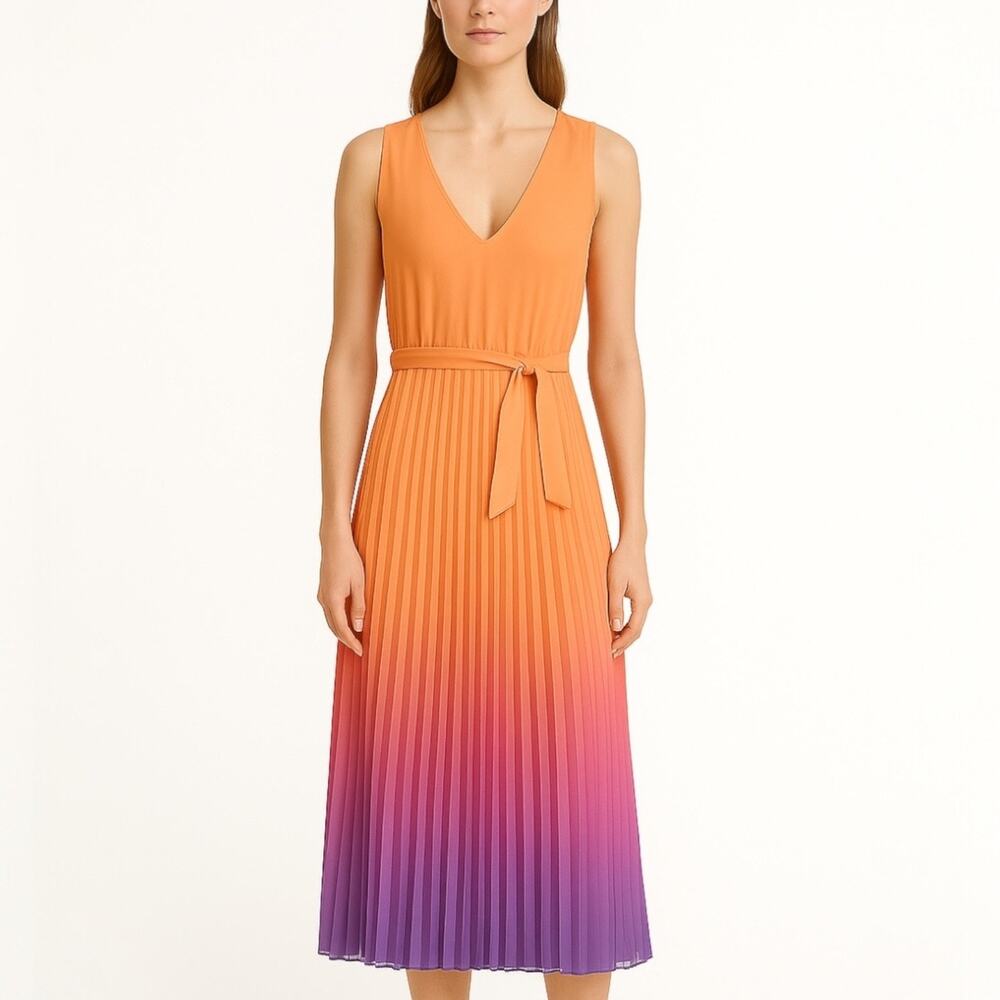 Taylor Ombre Orange Cambria Chiffon Pleated Tie Sleeveless Midi Dress Size M